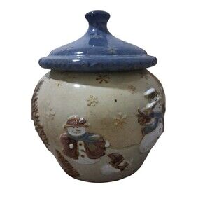 Nicholas Square Cookie Jar with Snowmen and Christmas trees 10" tall 8" wide.